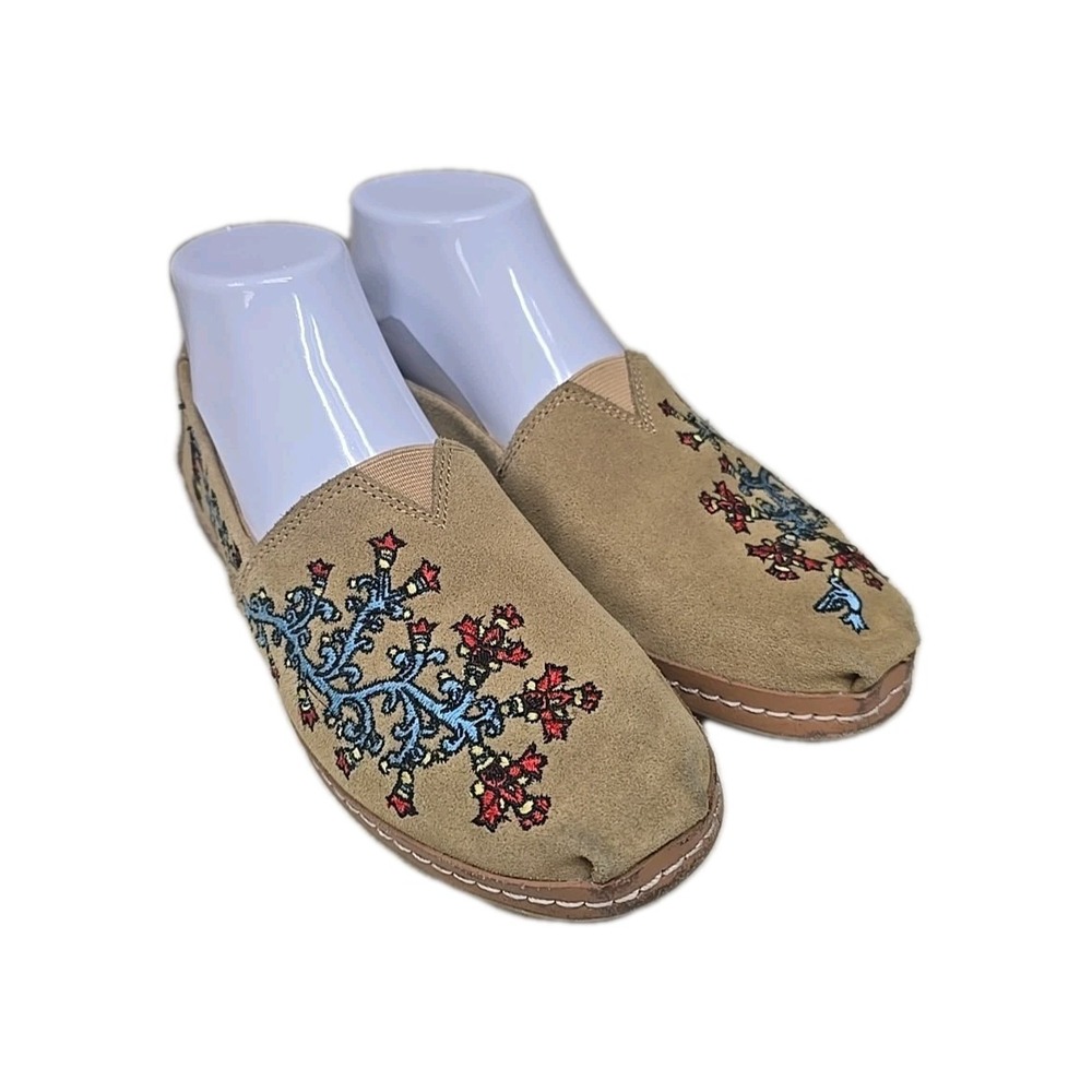 Toms Huitzil Blooms Printgonzalez Tan Suede Slip On Flats Shoes Womans Size 7